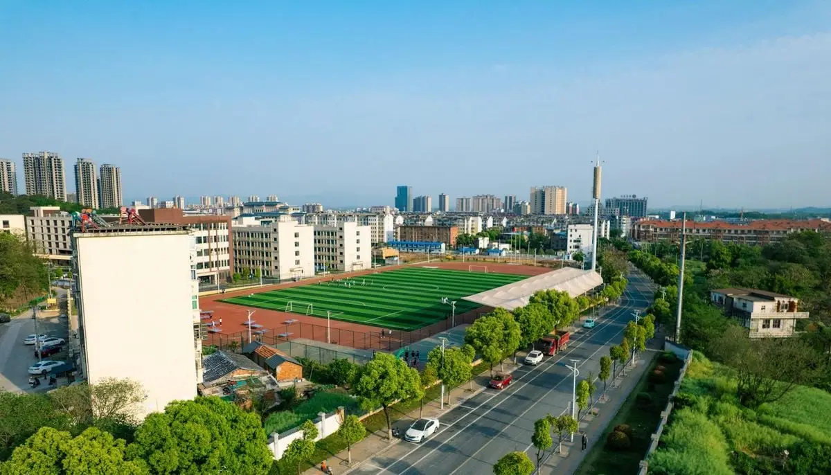 Aerial photo of a city with sports field, buildings, and lush greenery during daytime.