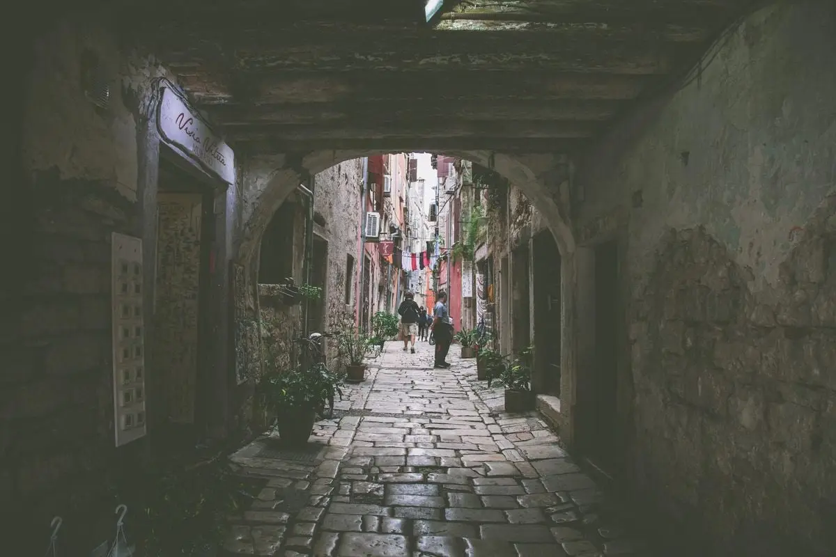 Explore a quaint cobblestone street in Rovinj, Croatia, shaded by rustic arches.