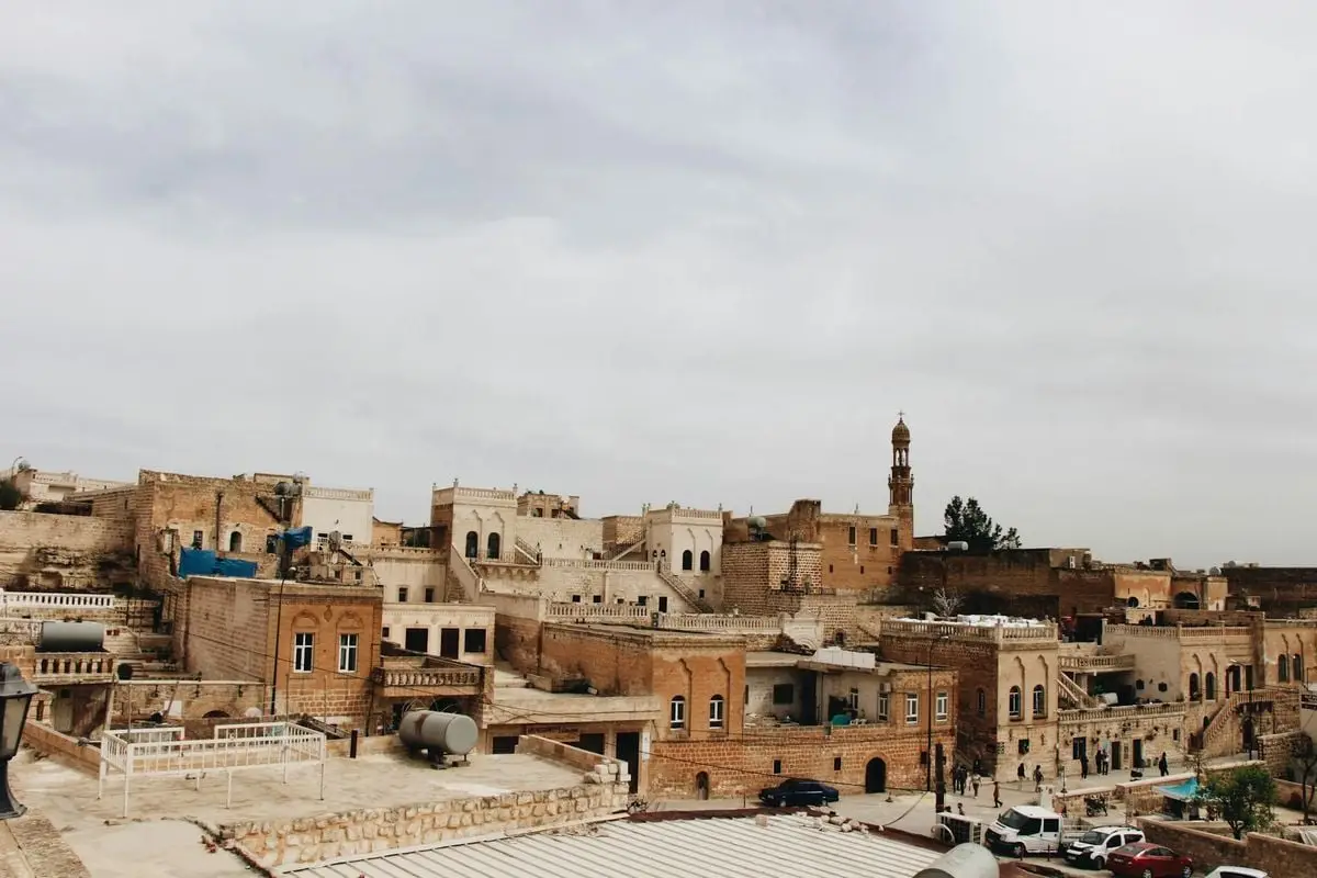 A serene view of an ancient city with historic stone buildings under a cloudy sky.