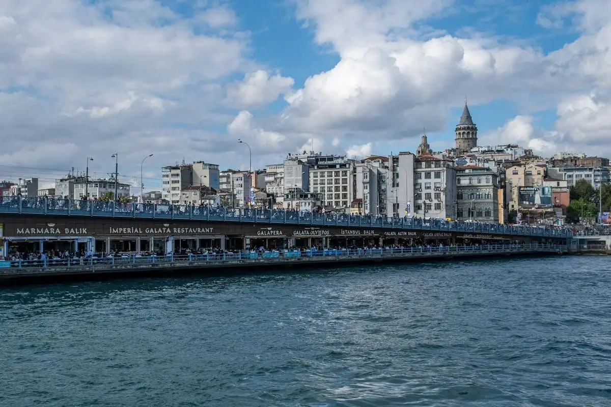 Beautiful skyline of Istanbul with Galata Bridge and Galata Tower against a cloudy sky.