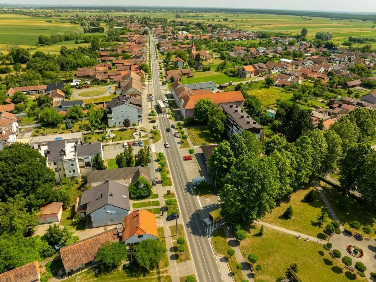 Aerial view of the picturesque town of Hercegovac, Croatia, on a sunny day.