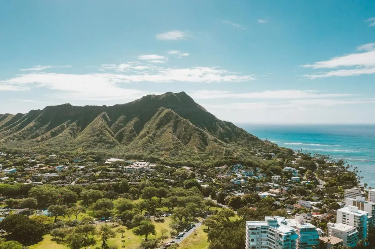 Stunning aerial view of Diamond Head and Honolulu suburb with ocean backdrop.