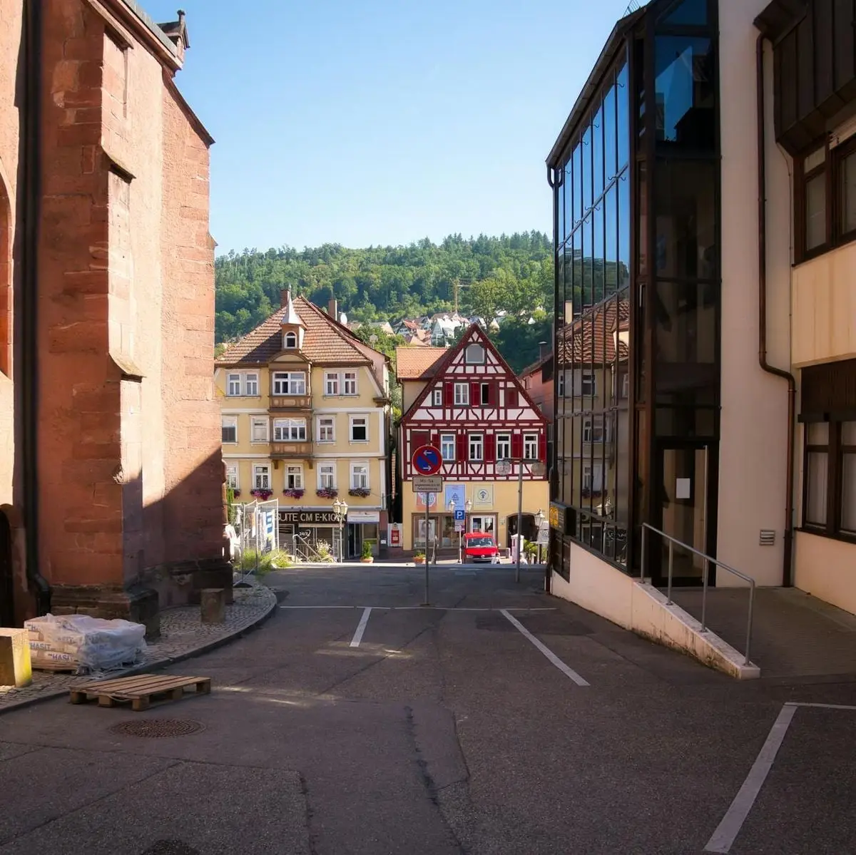 Scenic view of a quaint street in Calw, Germany, showcasing traditional architecture.