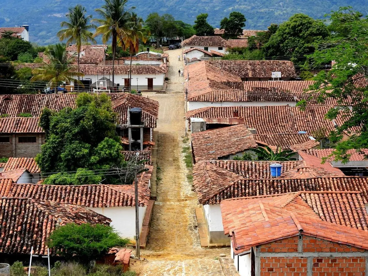 Explore the rustic charm and traditional architecture of Guane, Santander, Colombia from above.