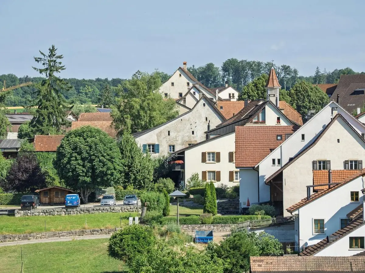 Picturesque view of a European village with traditional houses surrounded by lush greenery under a clear blue sky.