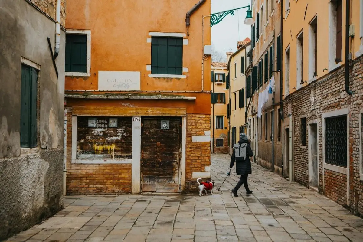 A person walking a small dog through a charming alleyway in Venice, Italy.