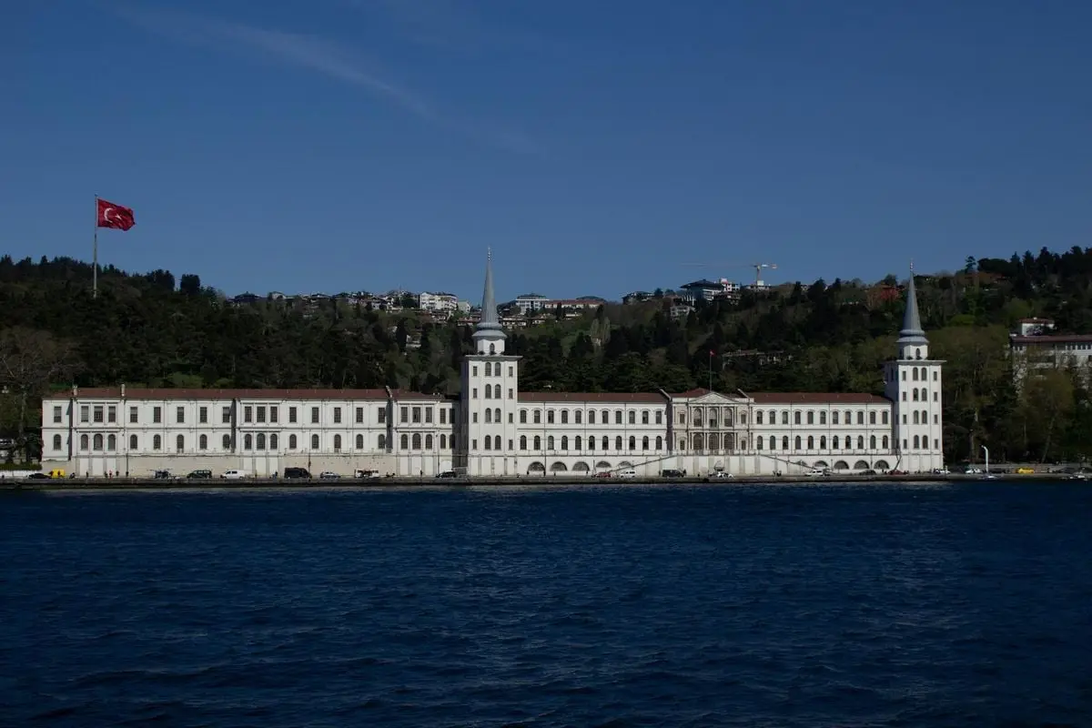 Kuleli Military School on the Bosphorus Strait in Istanbul with Turkish flag.