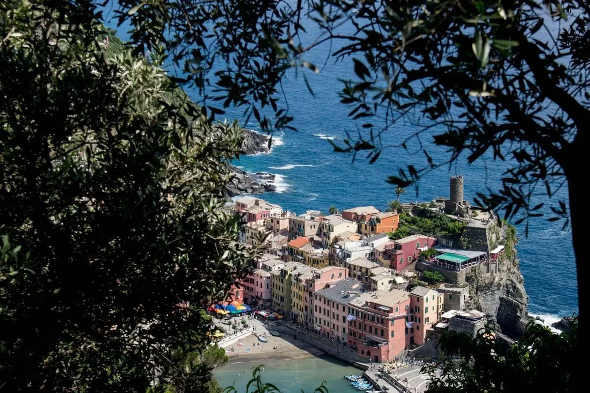 Charming view of Vernazza, a colorful coastal village in Italy's Cinque Terre, from an elevated vantage.