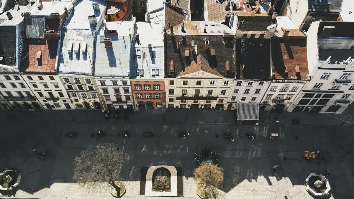 Aerial view showcasing historic architecture and city square in Lviv, Ukraine.