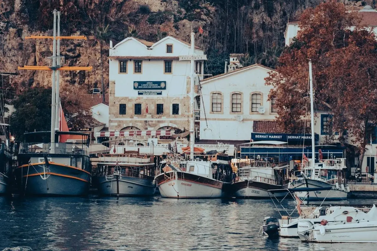 A picturesque view of a harbor with docked boats and historic buildings under autumn foliage.