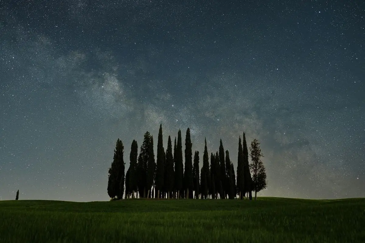 Cypress trees under a vibrant Milky Way in San Gimignano, Tuscany. A serene night landscape.