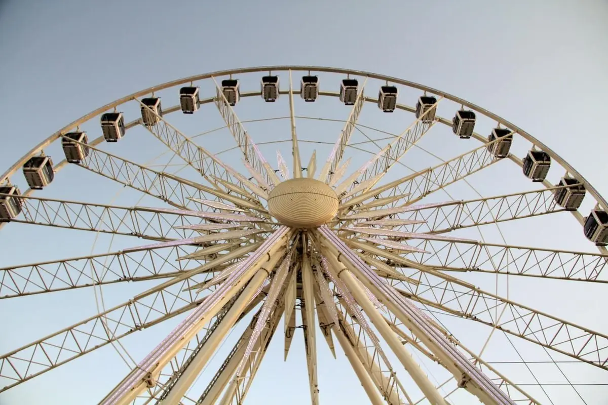 A striking view of a Ferris wheel against a clear sky in Cape Town, South Africa.