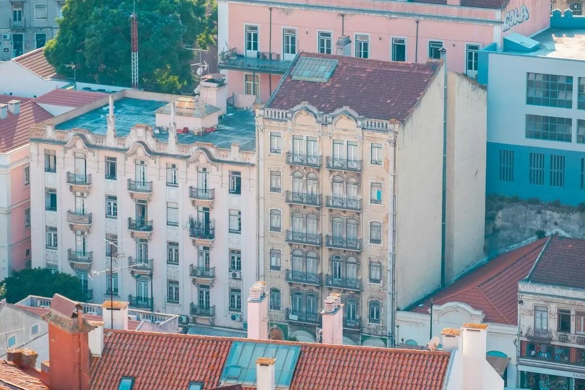 Aerial perspective of historical European buildings showcasing classic urban architecture.