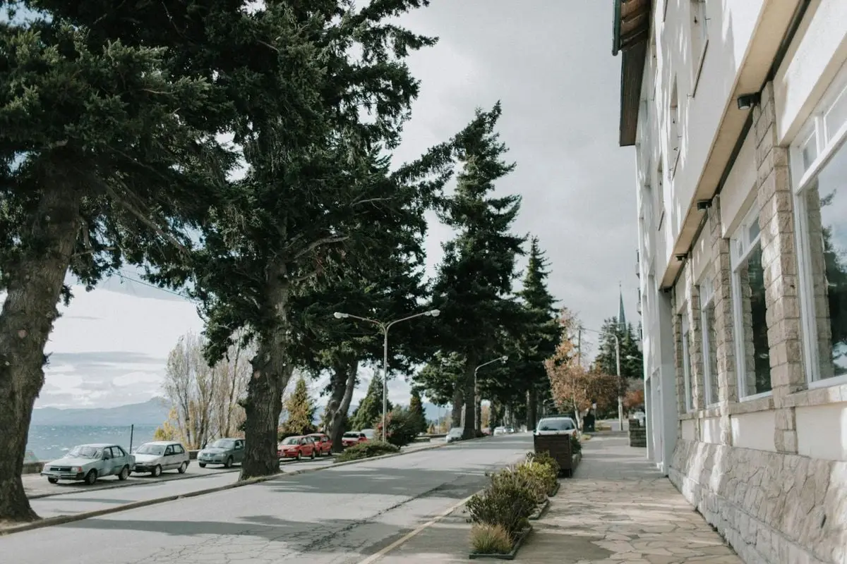 A serene urban street scene with lined cars, lush trees, and a quaint building facade.