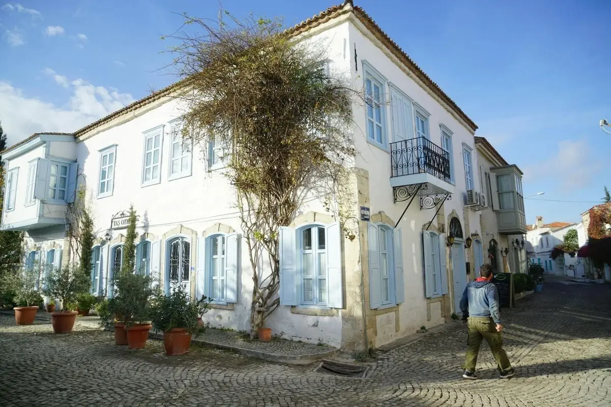Picturesque street scene with whitewashed buildings and cobblestone path on a sunny day.