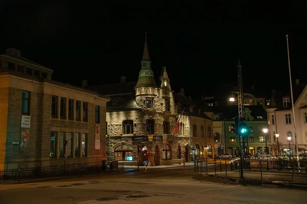 Beautiful night view of Art Nouveau architecture in Ålesund, Norway.