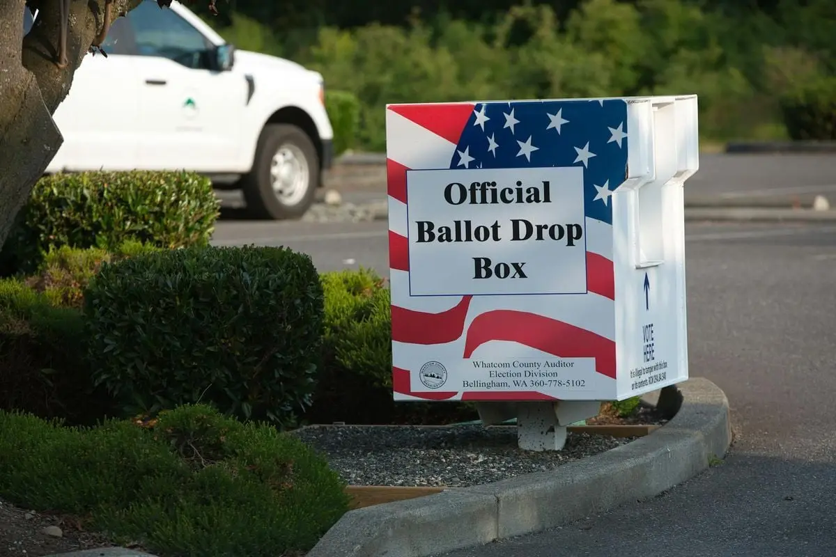 Official ballot drop box for elections in Ferndale, WA, highlighting civic participation.