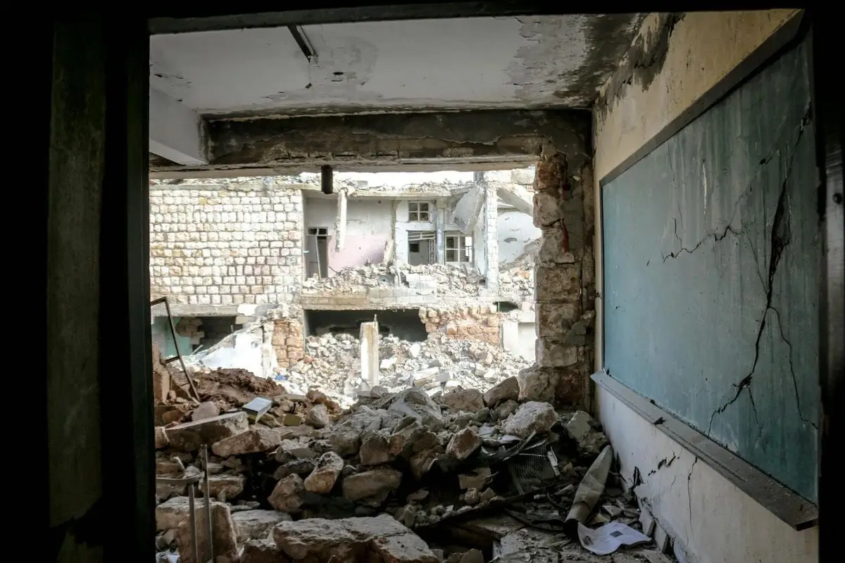 Damaged and abandoned building interior in Idlib, Syria after destruction.