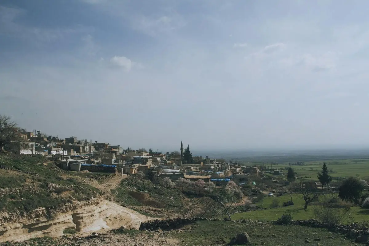 A picturesque rural town with a mosque, set against expansive green fields under a clear sky.