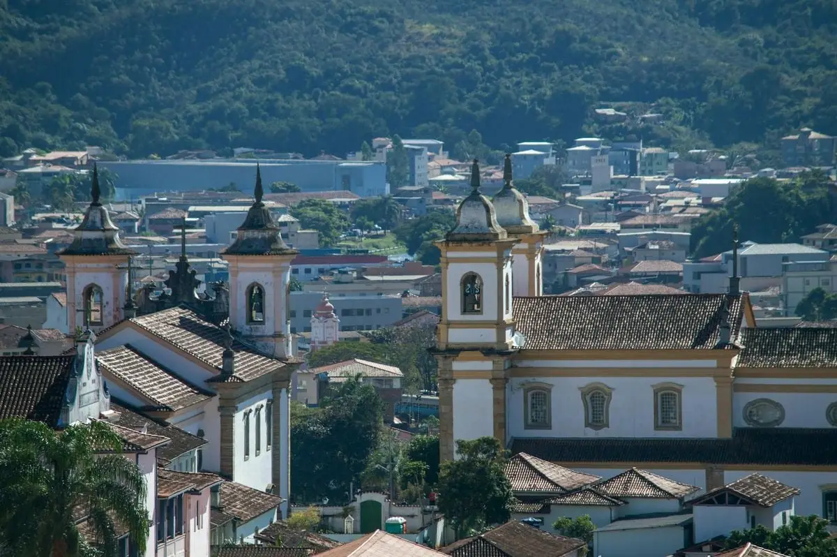 Stunning view of historic churches and cityscape in Mariana, Minas Gerais, Brazil.