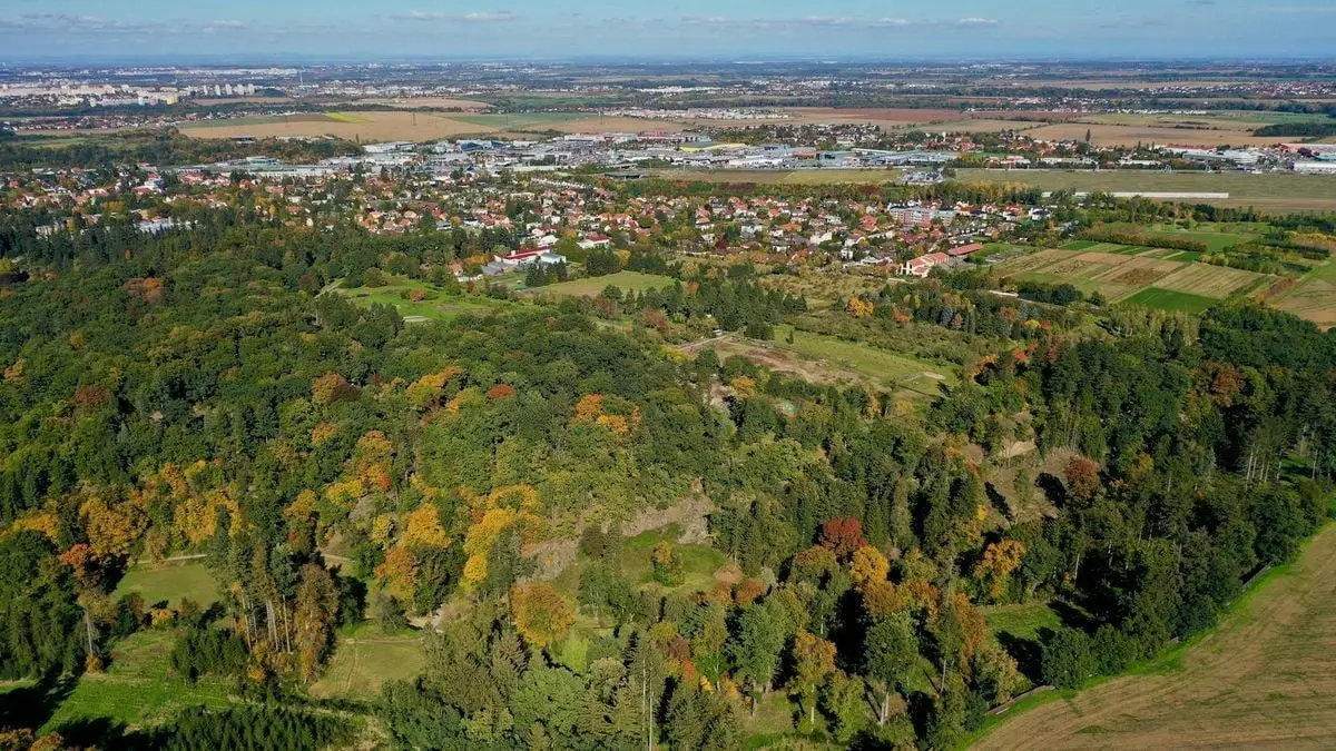 A picturesque aerial view showcasing lush forests, fields, and a quaint town.