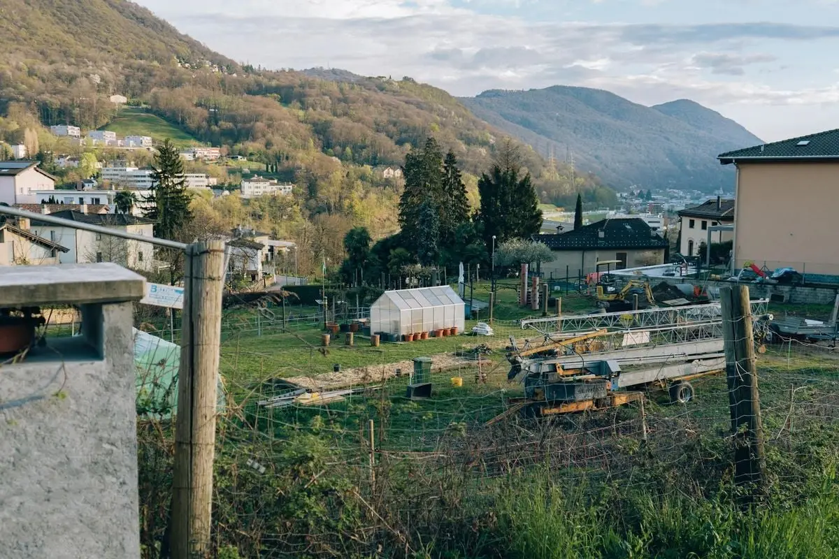 A picturesque rural garden with a greenhouse set against a mountainous backdrop.