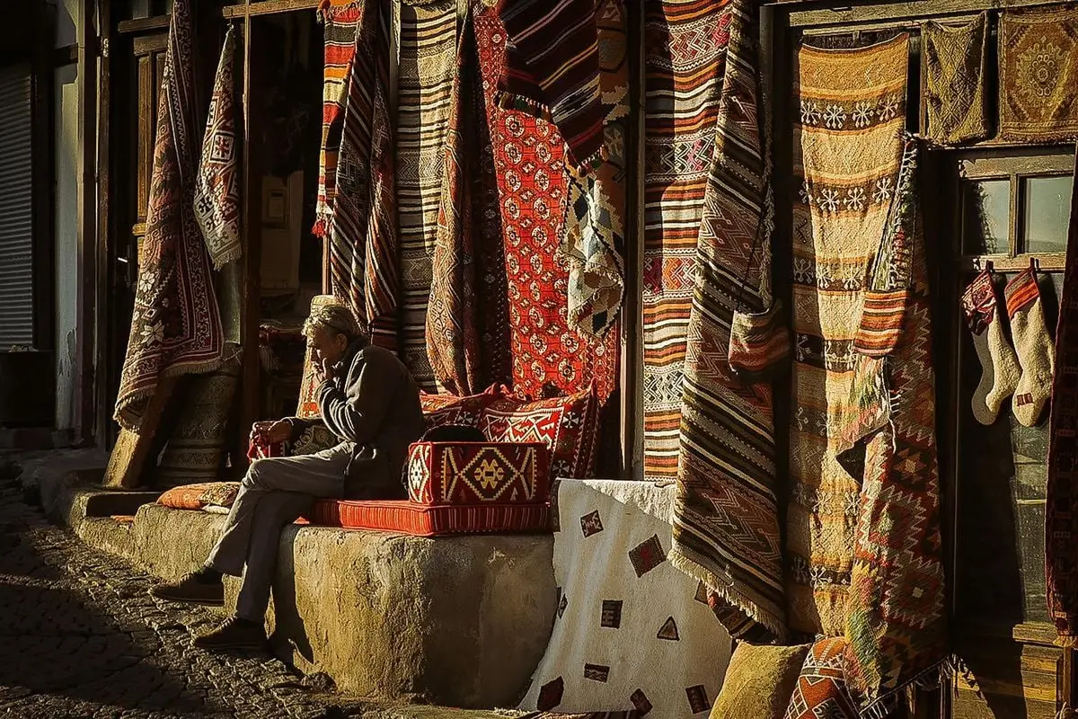 A man sits smoking among colorful traditional carpets in Ankara, Türkiye.