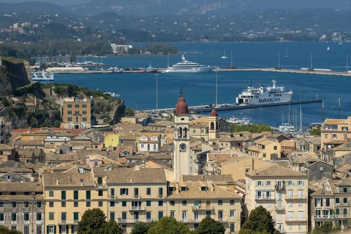 Beautiful aerial view of Corfu Town with historic architecture and harbor in Greece.