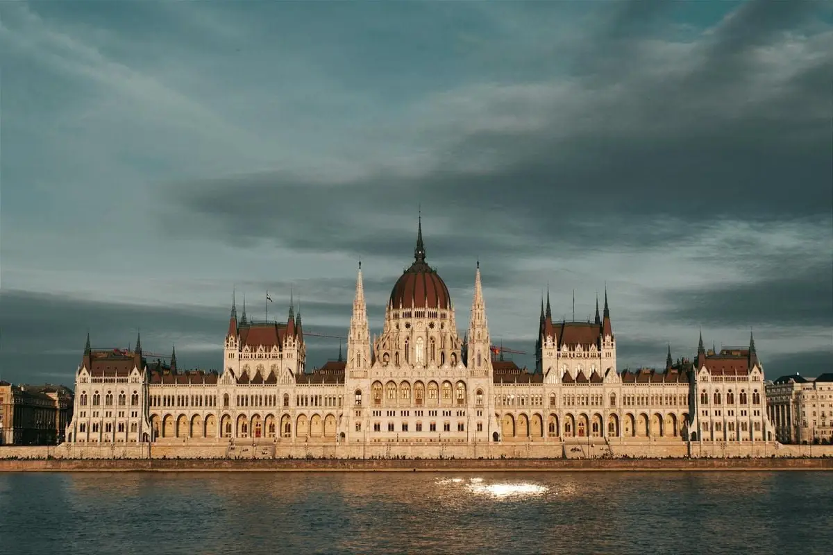 Majestic view of the Hungarian Parliament Building on a sunny day from across the Danube river in Budapest.