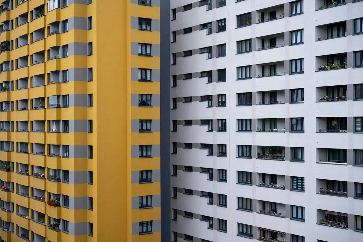 Colorful high-rise buildings in Berlin showcasing modern apartment design.