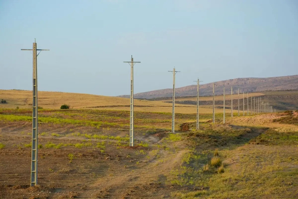 Lonely power lines navigate a dry, open field under a clear sky, highlighting technology in remote landscapes.