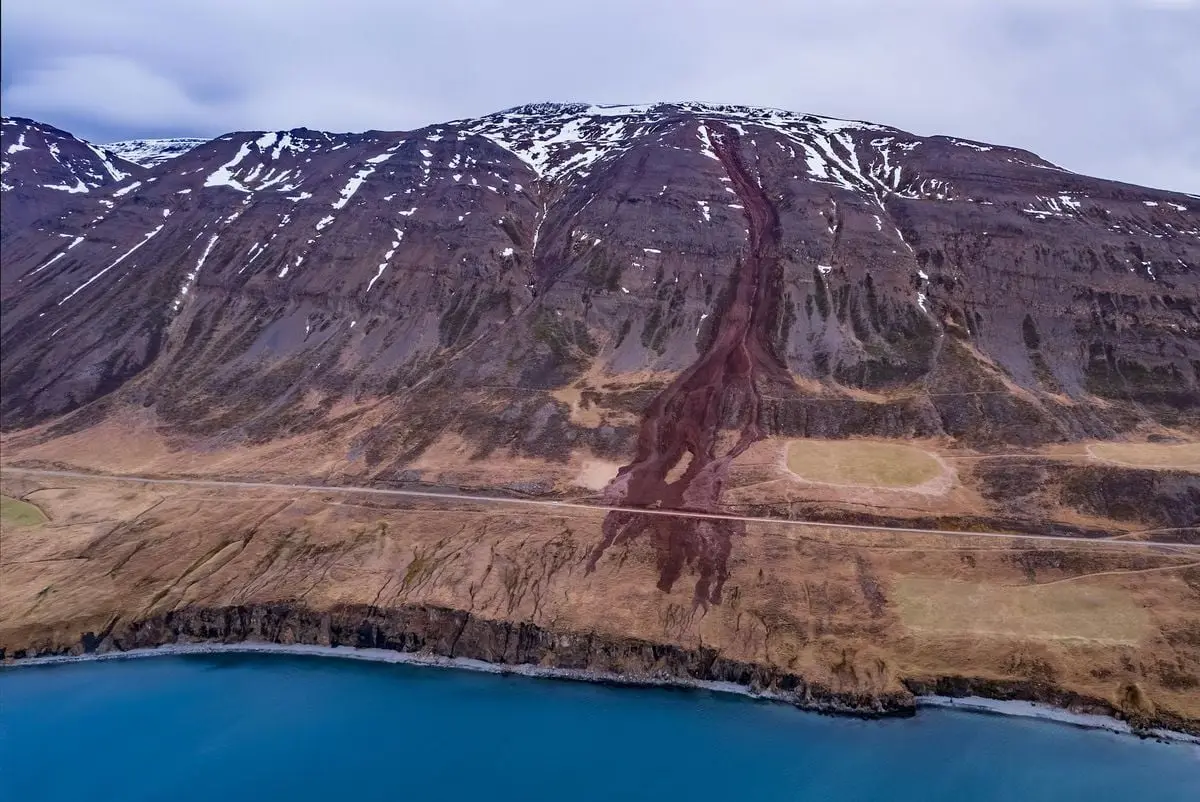 A breathtaking view of a landslide in Iceland, revealing nature's raw power.