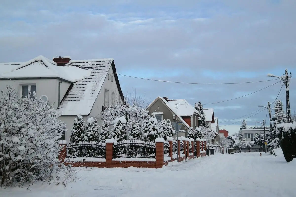 Charming scene of residential houses and snow-covered trees on a quiet winter street.