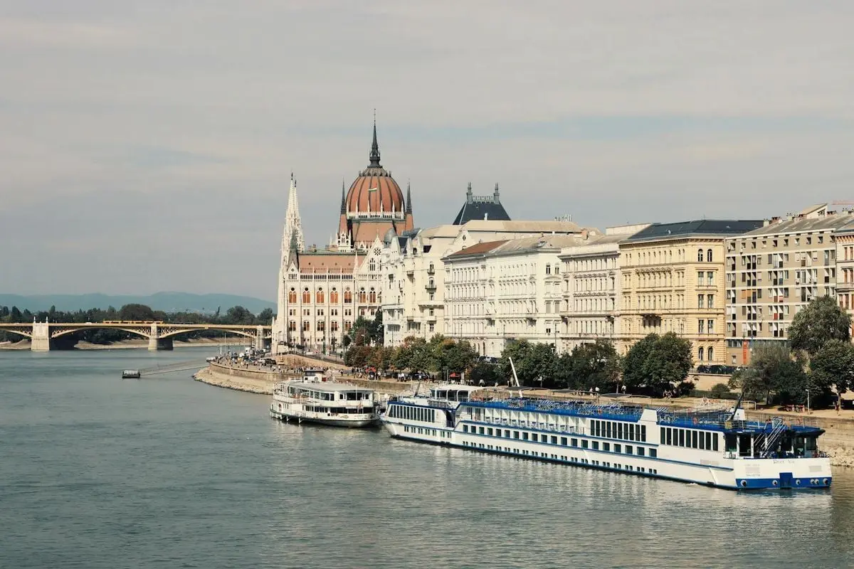 Scenic view of the Hungarian Parliament buildings alongside the Danube River in Budapest, Hungary.