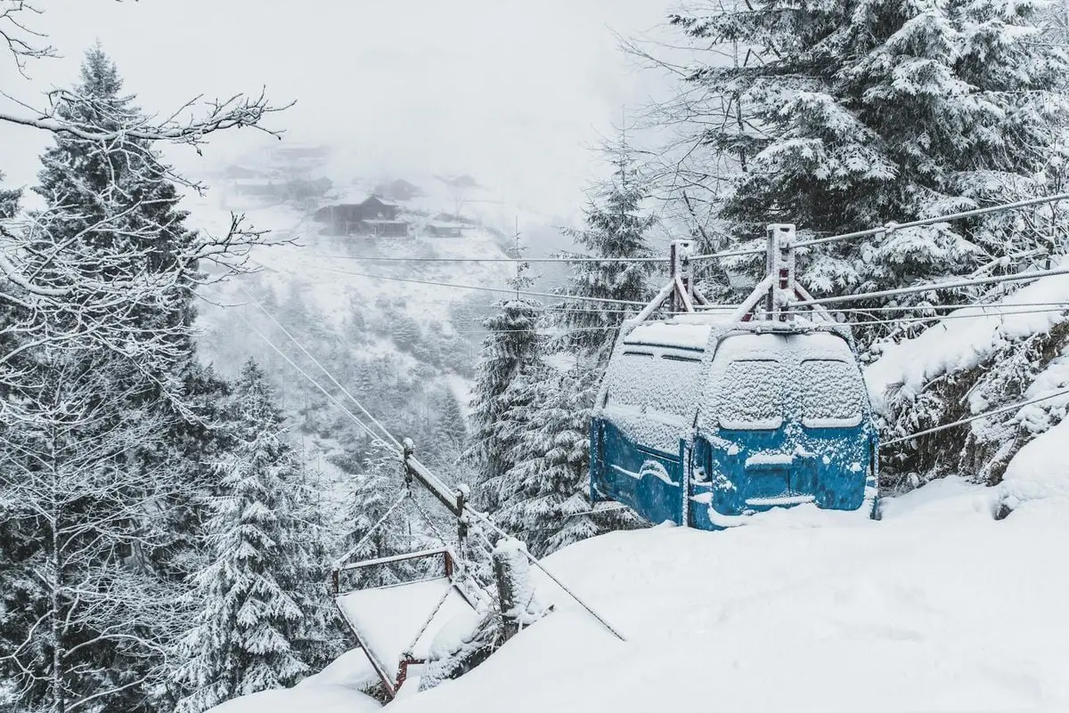 A frosty cable car amidst a snowy forest landscape, creating a serene winter scene.