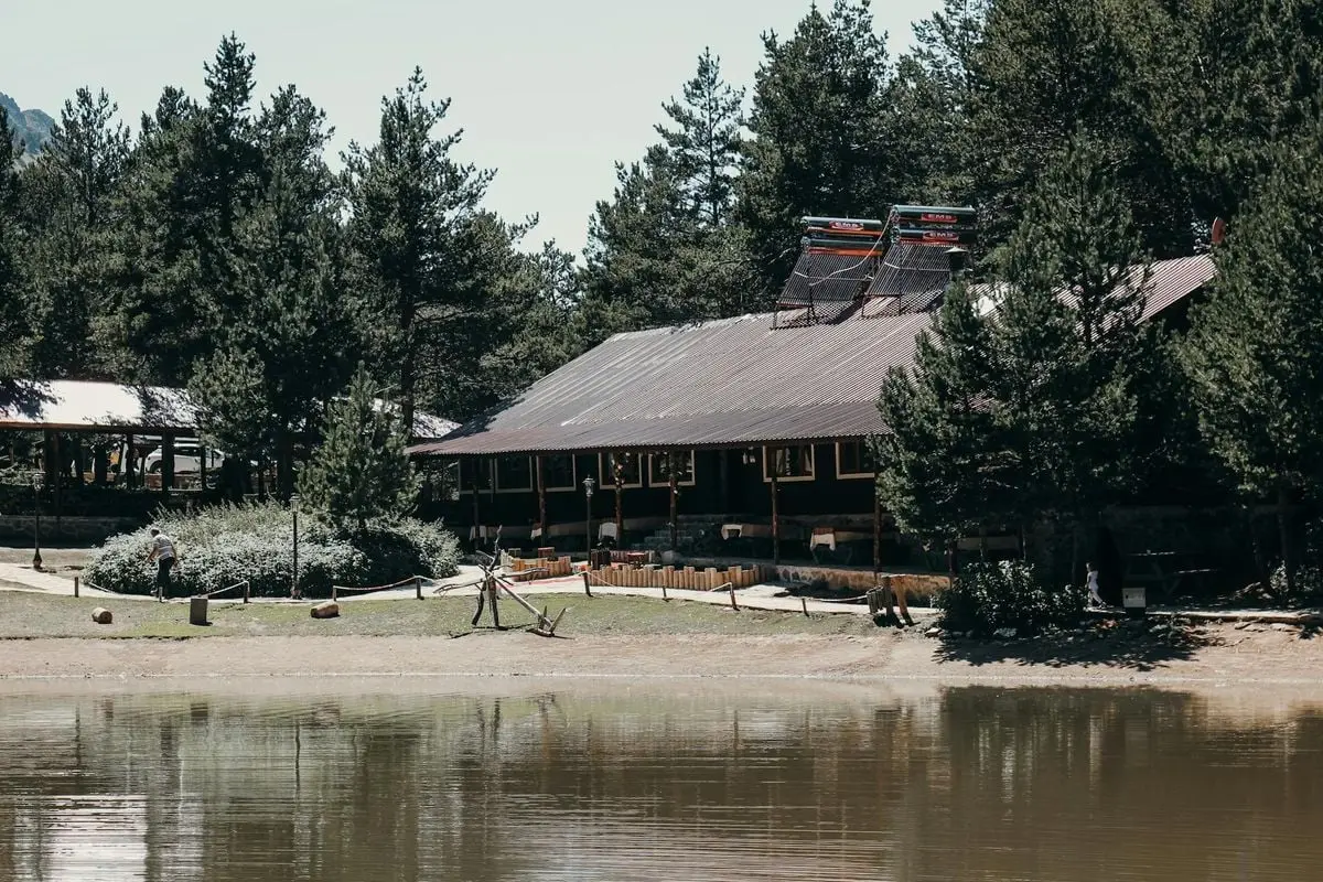 Charming lodge nestled in a lush forest by a tranquil lake in Gümüşhane, Turkey.
