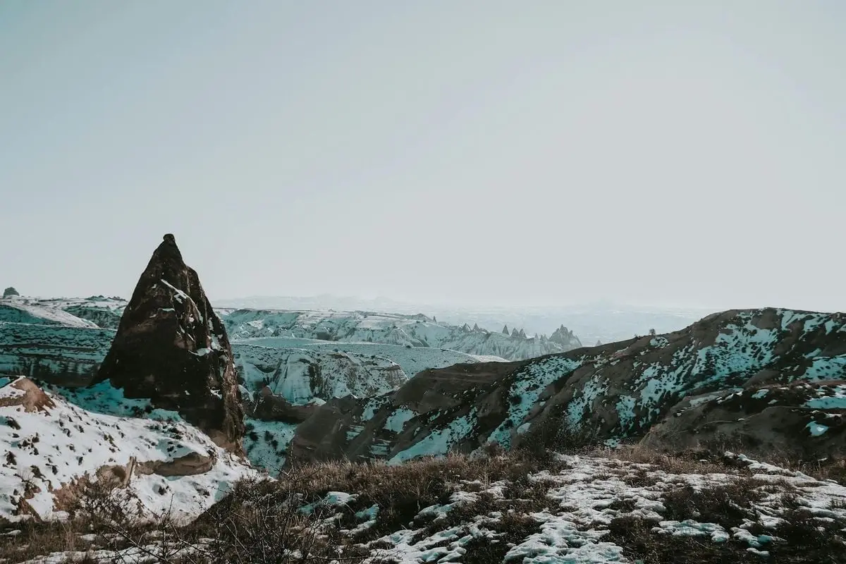 Discover the breathtaking winter scenery of Cappadocia's unique rock formations.
