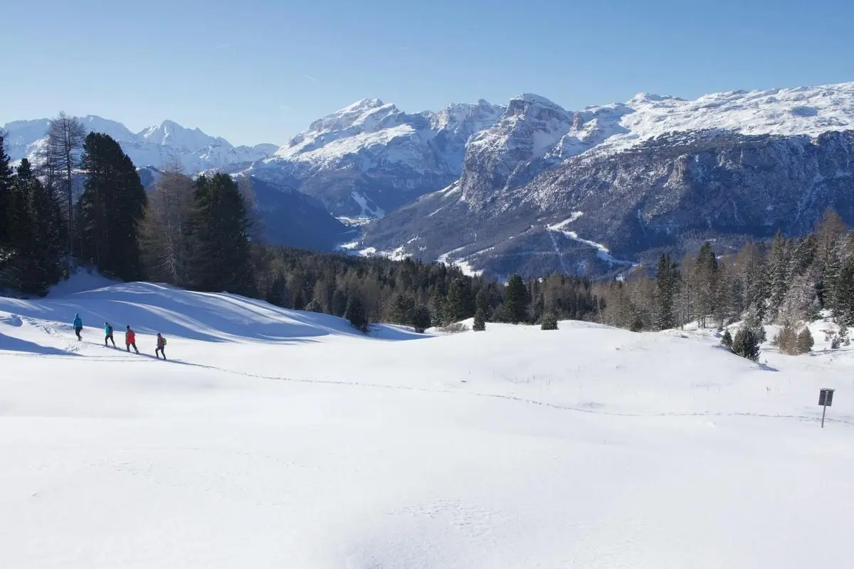 Scenic winter hike through snowy landscape in Trentino-Alto Adige, Italy with mountains and blue sky.
