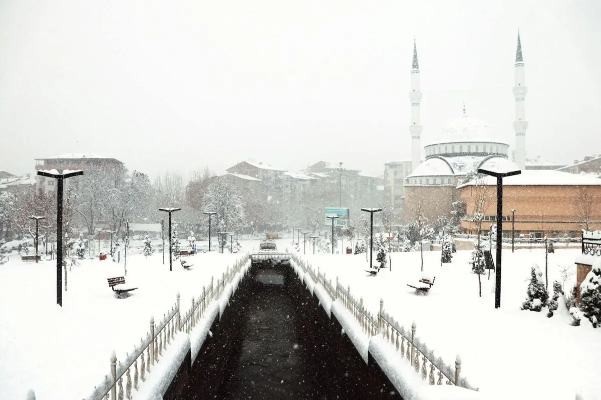 Snowy landscape of Malatya with mosque and trees during a winter snowfall.