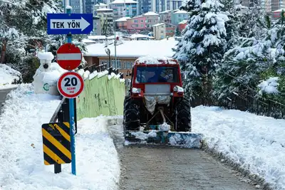 Tractor clearing snow on a winter street in İstanbul, enhancing urban navigation.