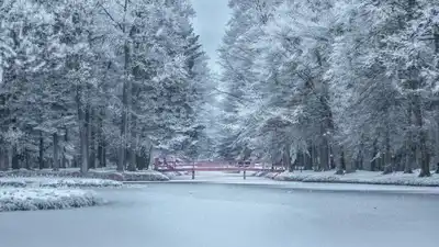 A picturesque scene of a snowy bridge over a frozen lake with frost-covered trees, evoking winter serenity.