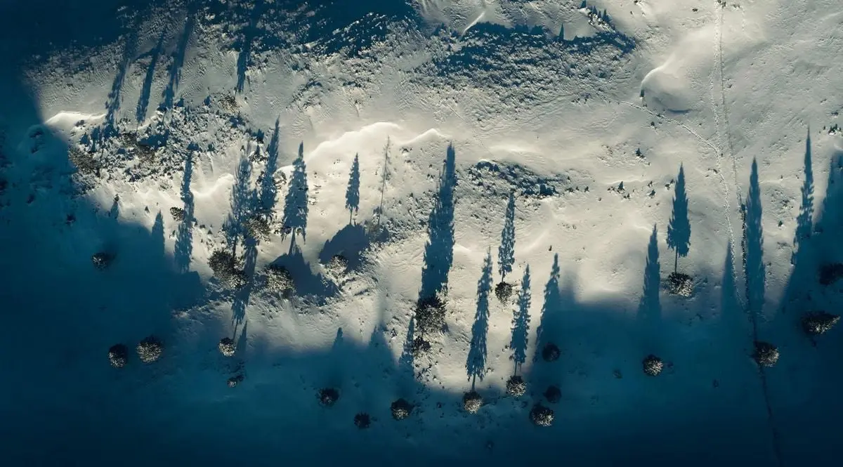 Aerial view of a snowy landscape in Velika Planina, Slovenia with long tree shadows.