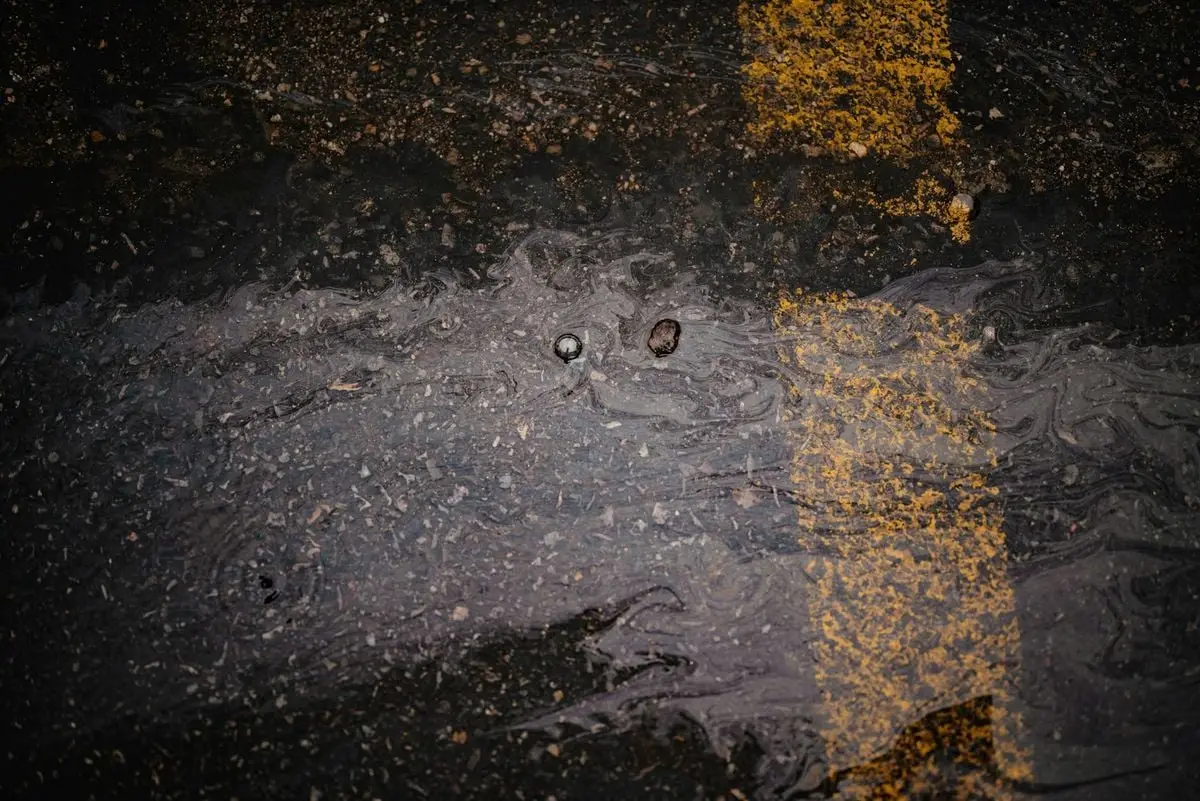 A close-up view of a wet asphalt road with visible yellow line and water ripples.