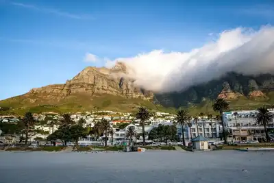 Beautiful view of Table Mountain and Camps Bay beach in Cape Town, South Africa.