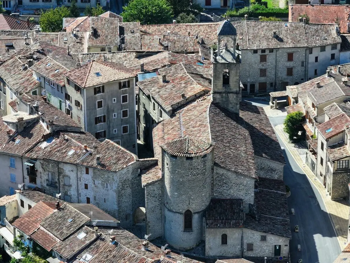 Aerial view of historic stone buildings in Annot, Provence, France.