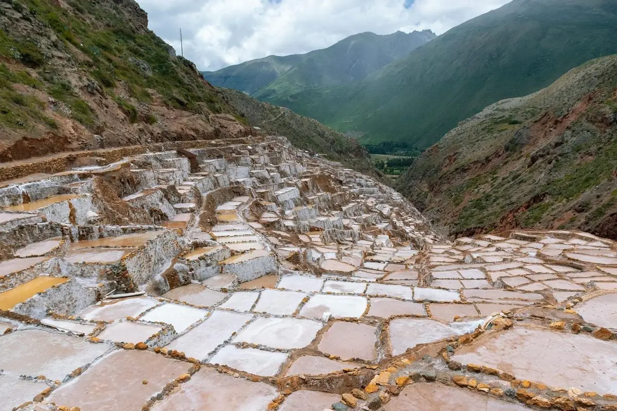 Aerial view of the Maras salt terraces in the Sacred Valley, Peru.