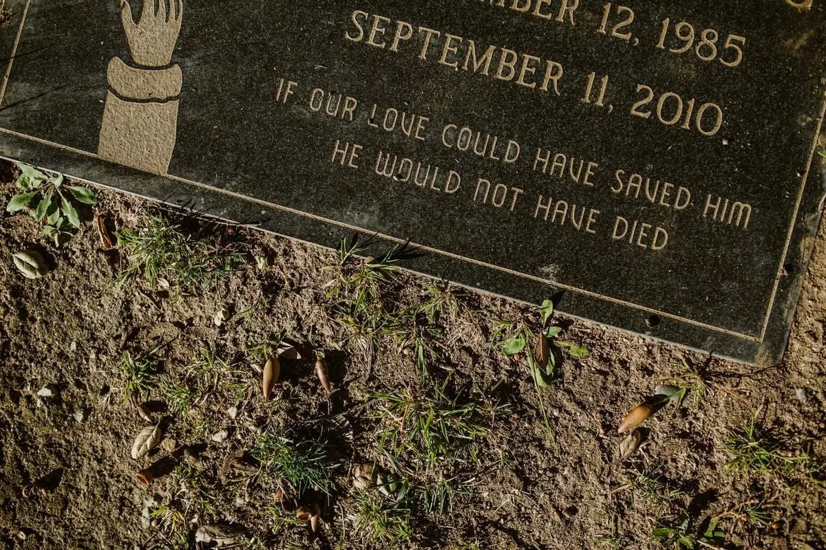 Close-up view of a gravestone with an engraved epitaph surrounded by greenery.