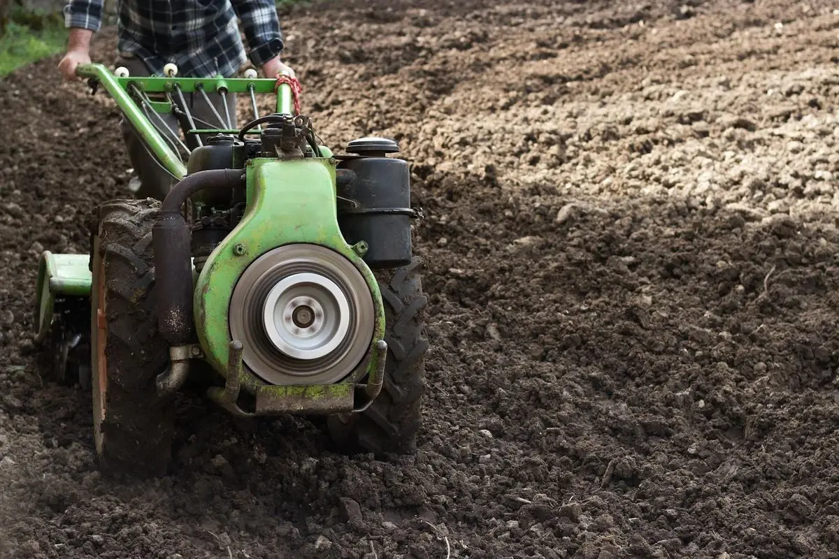 A farmer operates a walking tractor in a freshly plowed field, preparing the soil for planting.