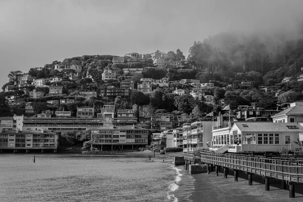 Scenic black and white image of Sausalito's hillside residential area with pier and cloudy skies.