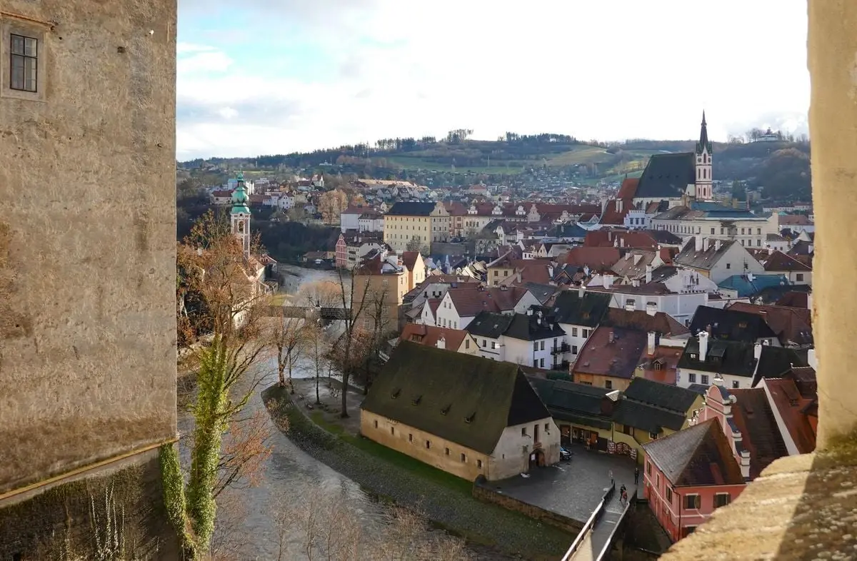 A picturesque aerial view of Český Krumlov's historic old town in the Czech Republic, showcasing its charming architecture.